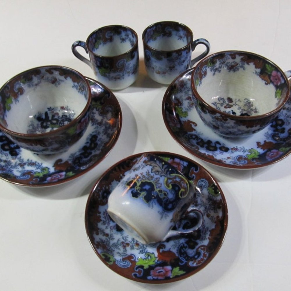 Corey Hill Ridgway England Flow Blue Polychrome Corey Hill Pattern Plates 1800s